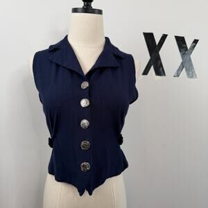 Vintage 90s Clio Navy Coin Button Statement Vest Cropped S